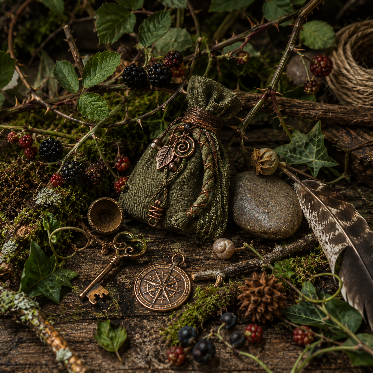 A wild woodland still-life with moss, twigs, feathers, seed pods, bark, and a small travel charm laid out on a rustic table