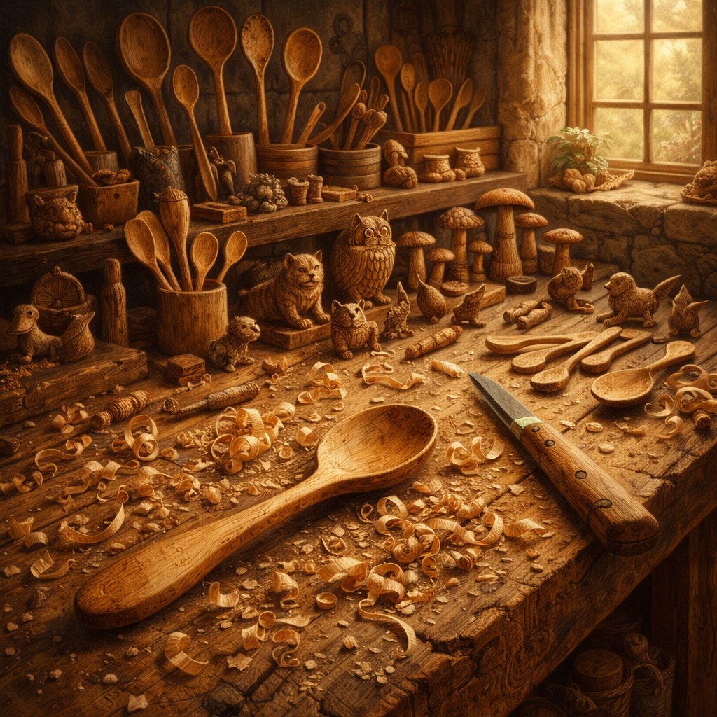 A hand-carved wooden spoon on a rustic workbench surrounded by tools and curled wood shavings in warm workshop light