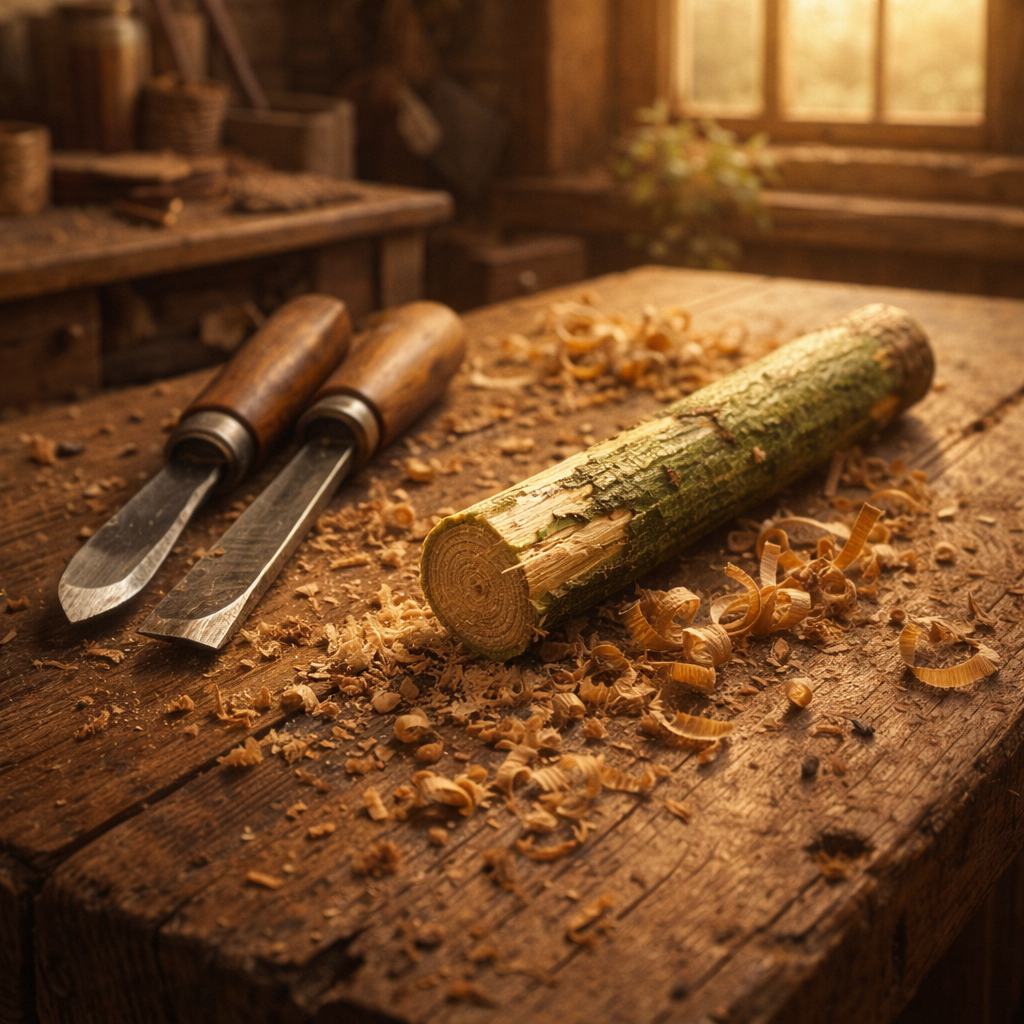 A small piece of wood and carving tools laid out on a rustic workshop table