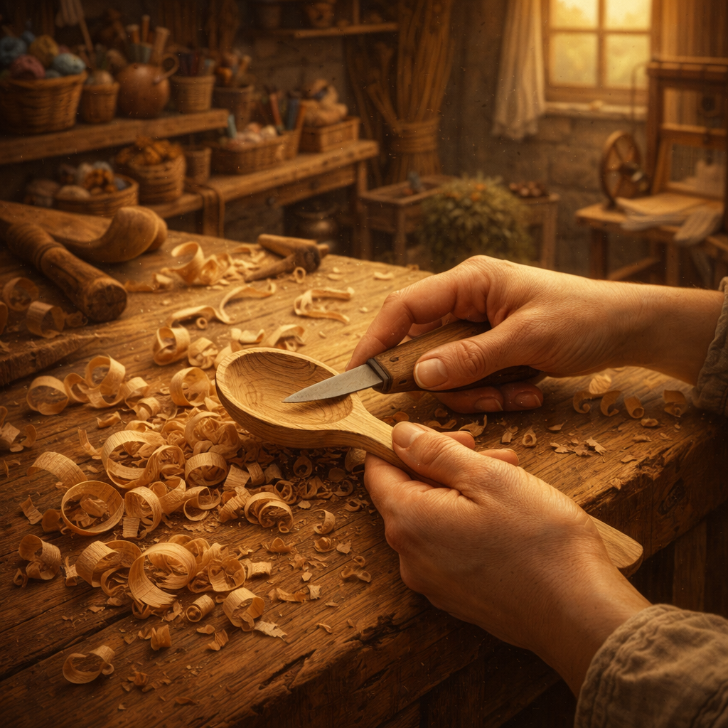 Hands carving the outline of a wooden spoon with curls of wood falling onto a workbench