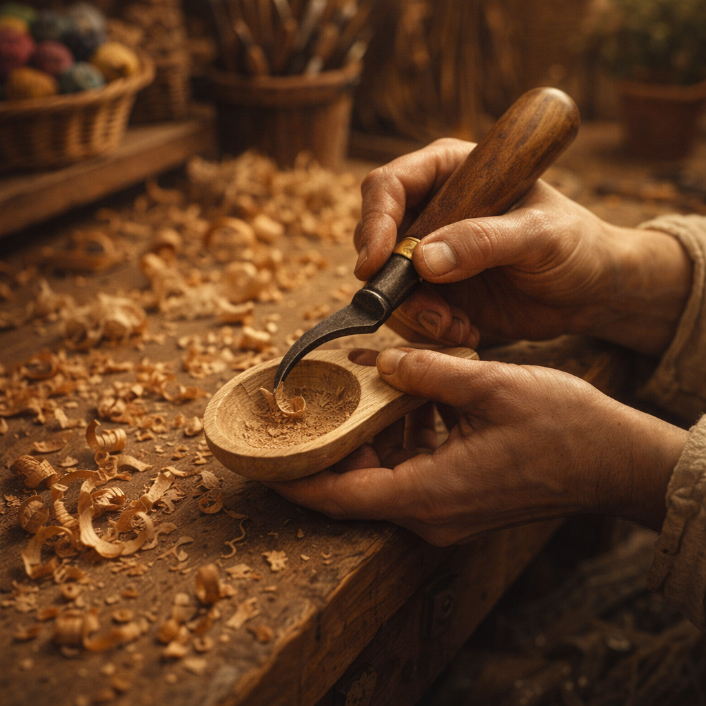 Hands hollowing the bowl of a wooden spoon with carving tools in warm workshop light