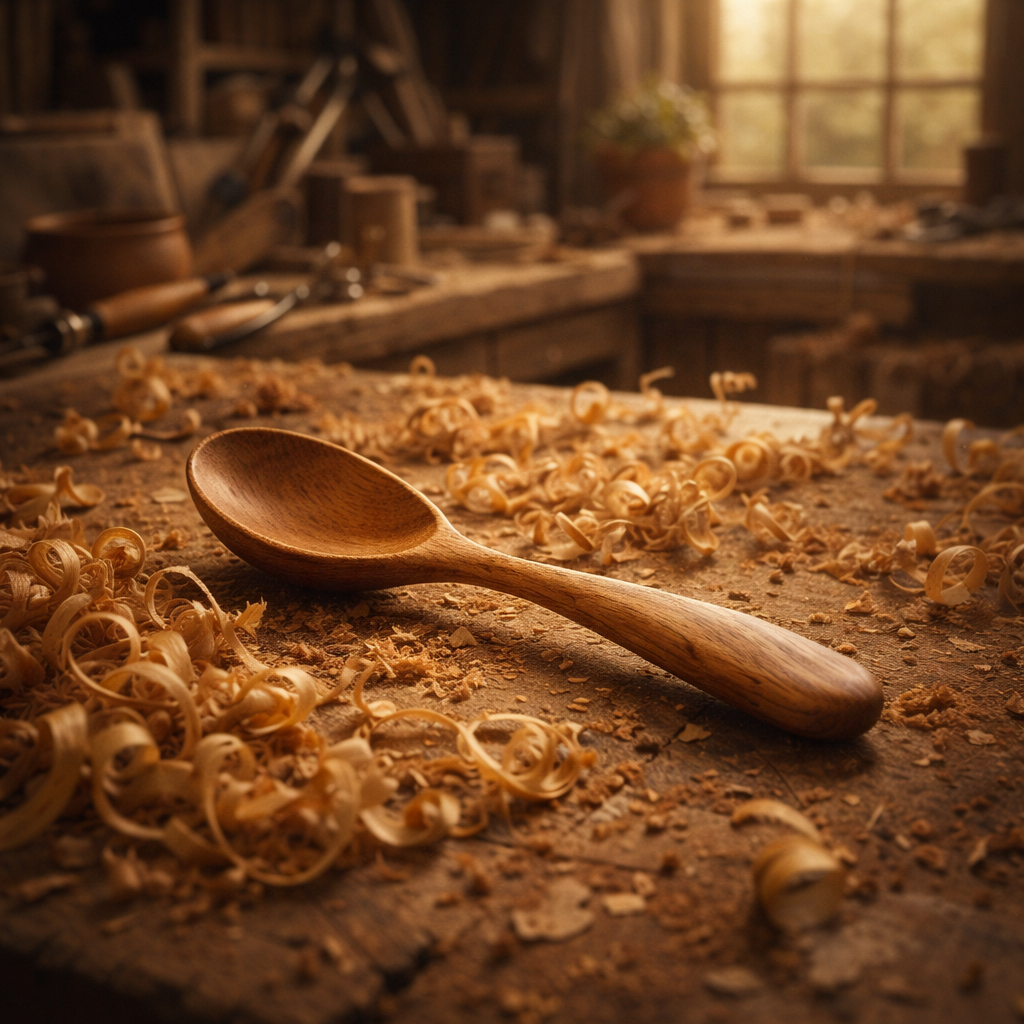 A finished hand-carved wooden spoon resting on a workbench among curled wood shavings