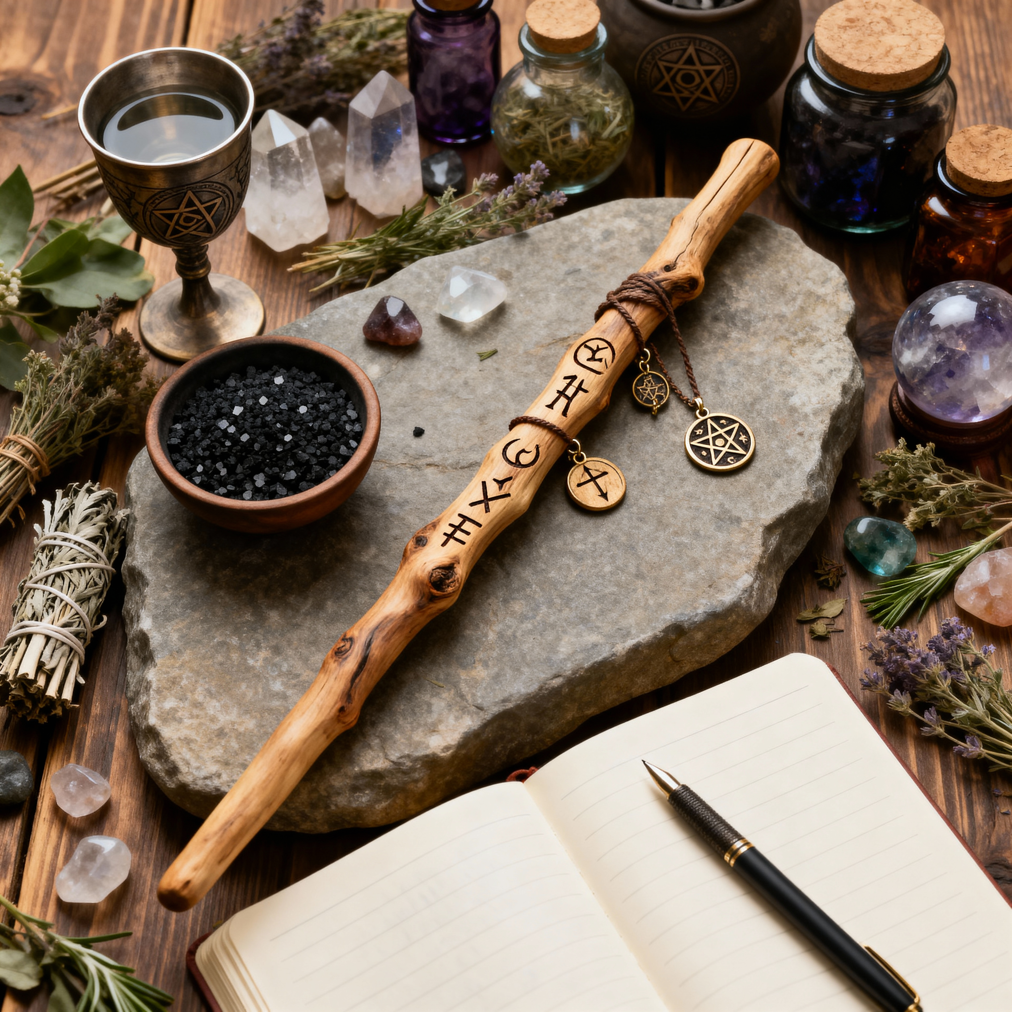 Wand, crystals, herbs and open journal on a stone altar